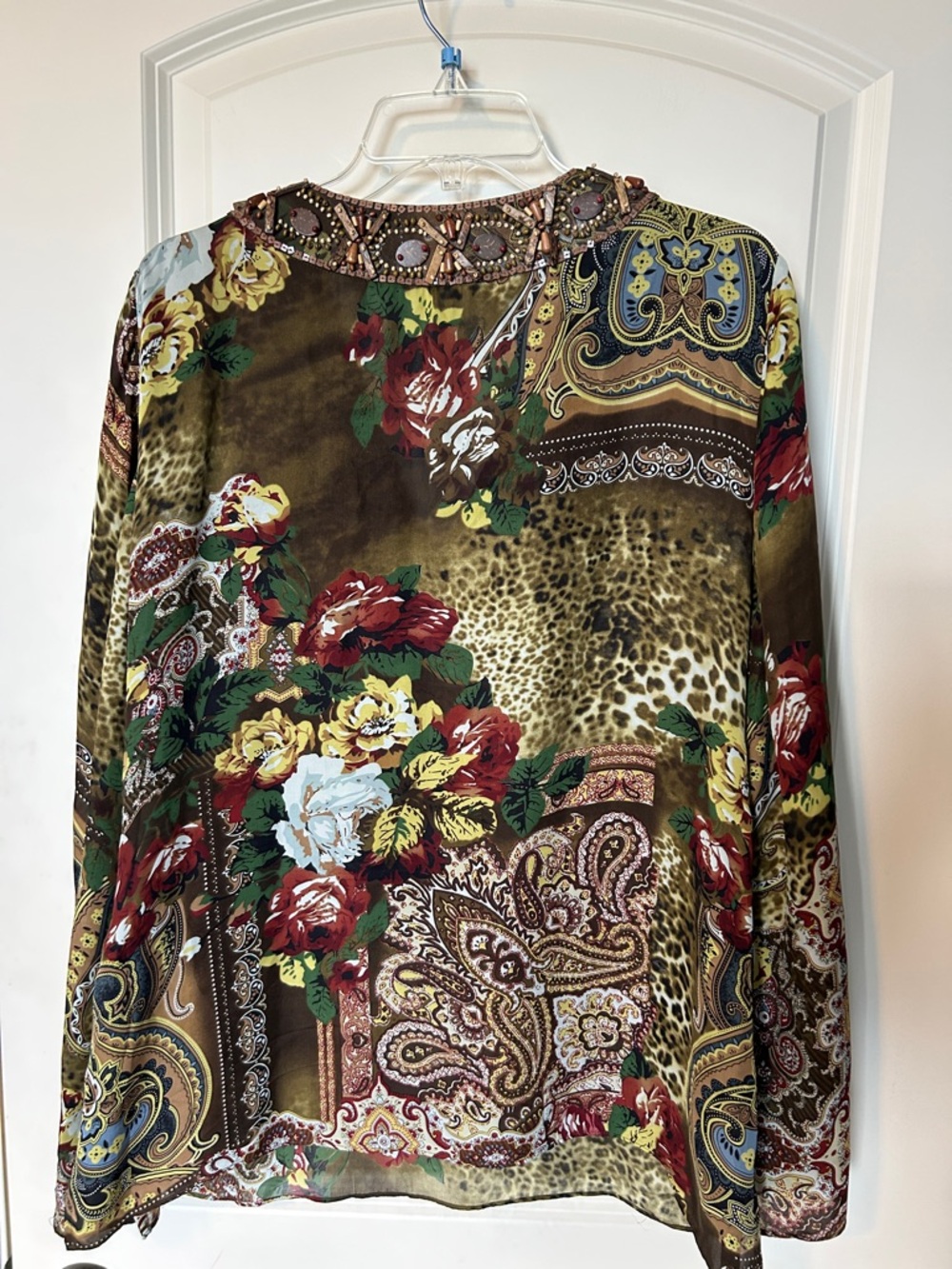ECI  Multi Floral Beaded Silk Top, XL - Picture 4 of 5